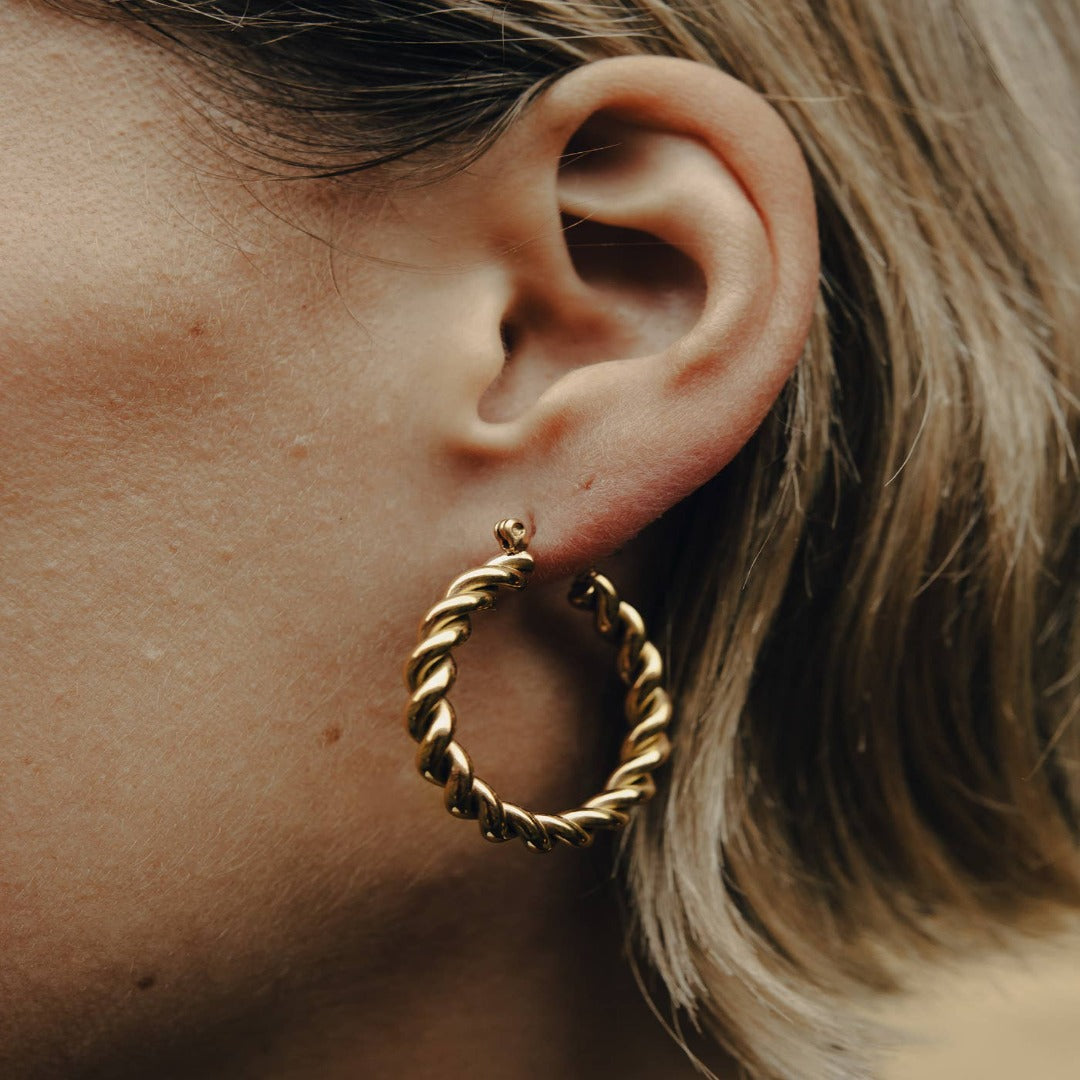 Gold Twist Hoop Earrings, Waterproof