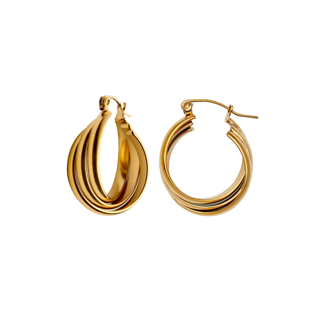 Gold Triple Entwine Hoop Earrings, Waterproof