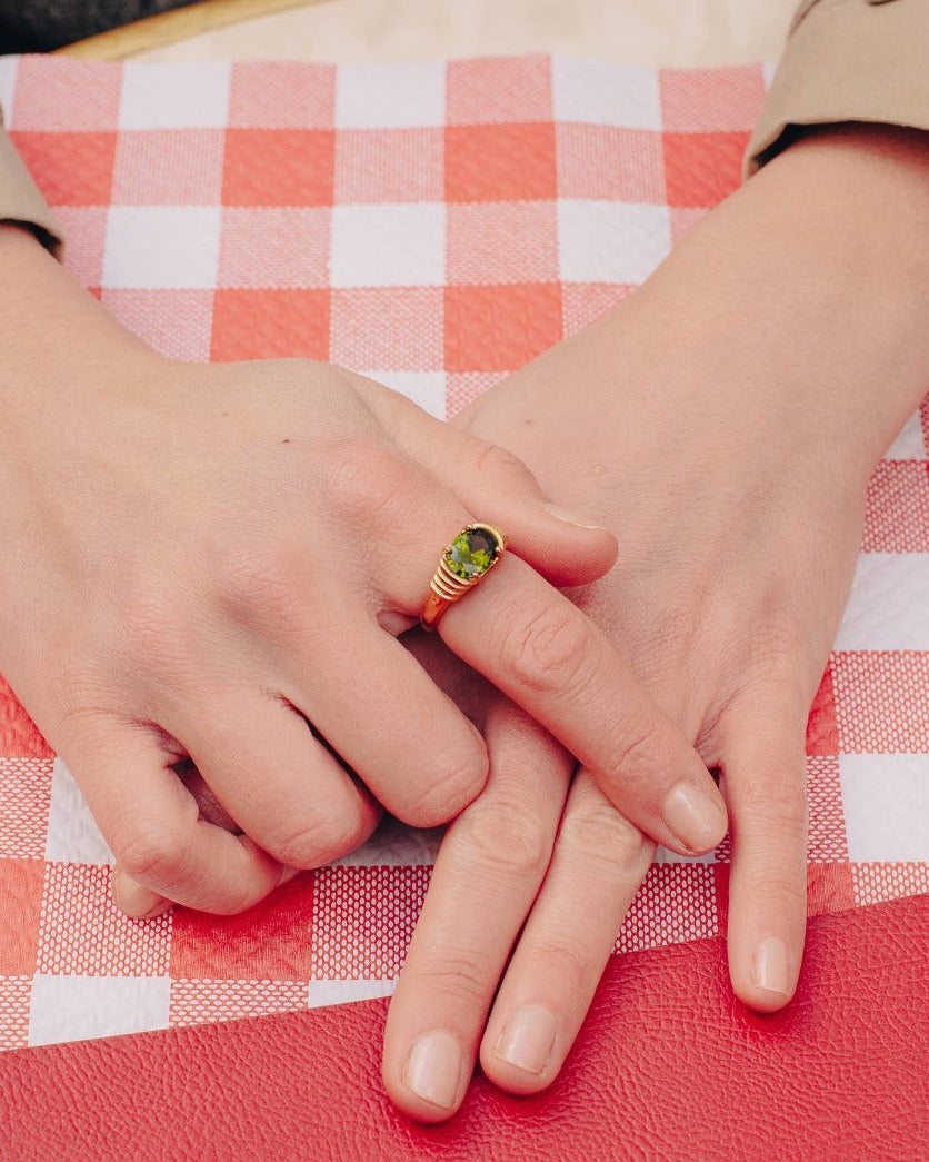 Green Gemstone Raised Half Bezel Ring, Waterproof
