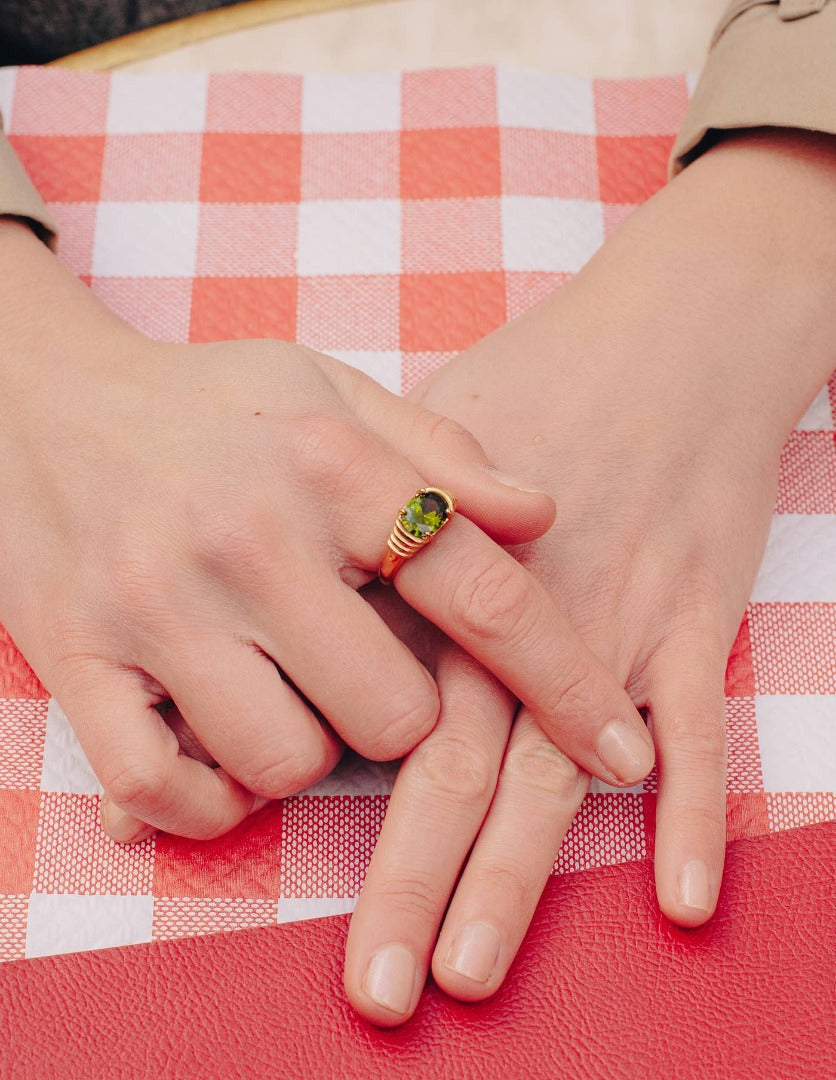 Green Gemstone Raised Half Bezel Ring, Waterproof