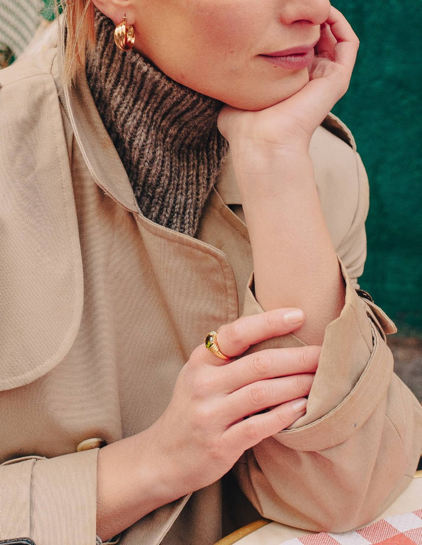 Green Gemstone Raised Half Bezel Ring, Waterproof
