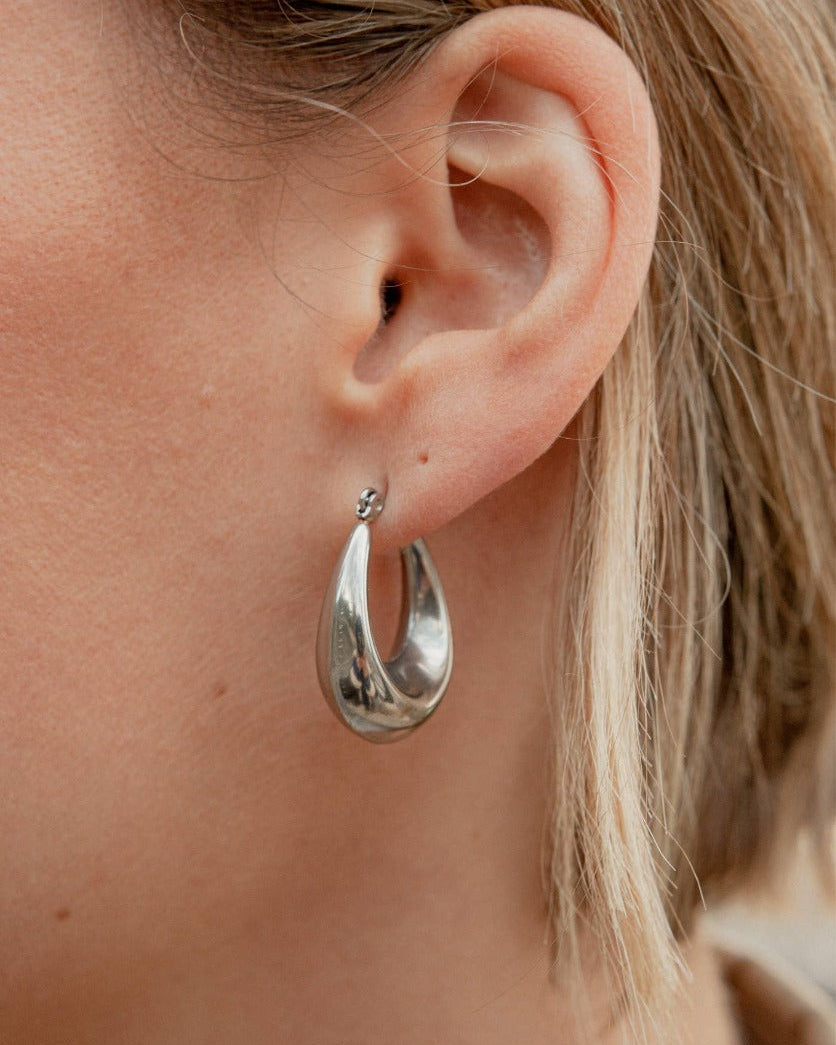 Silver Bold Crescent Hoop Earrings, Waterproof