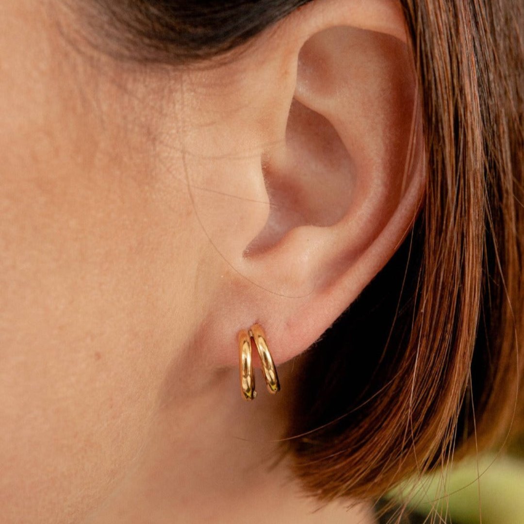 Gold Double Layer Huggie Hoop Earrings, Waterproof