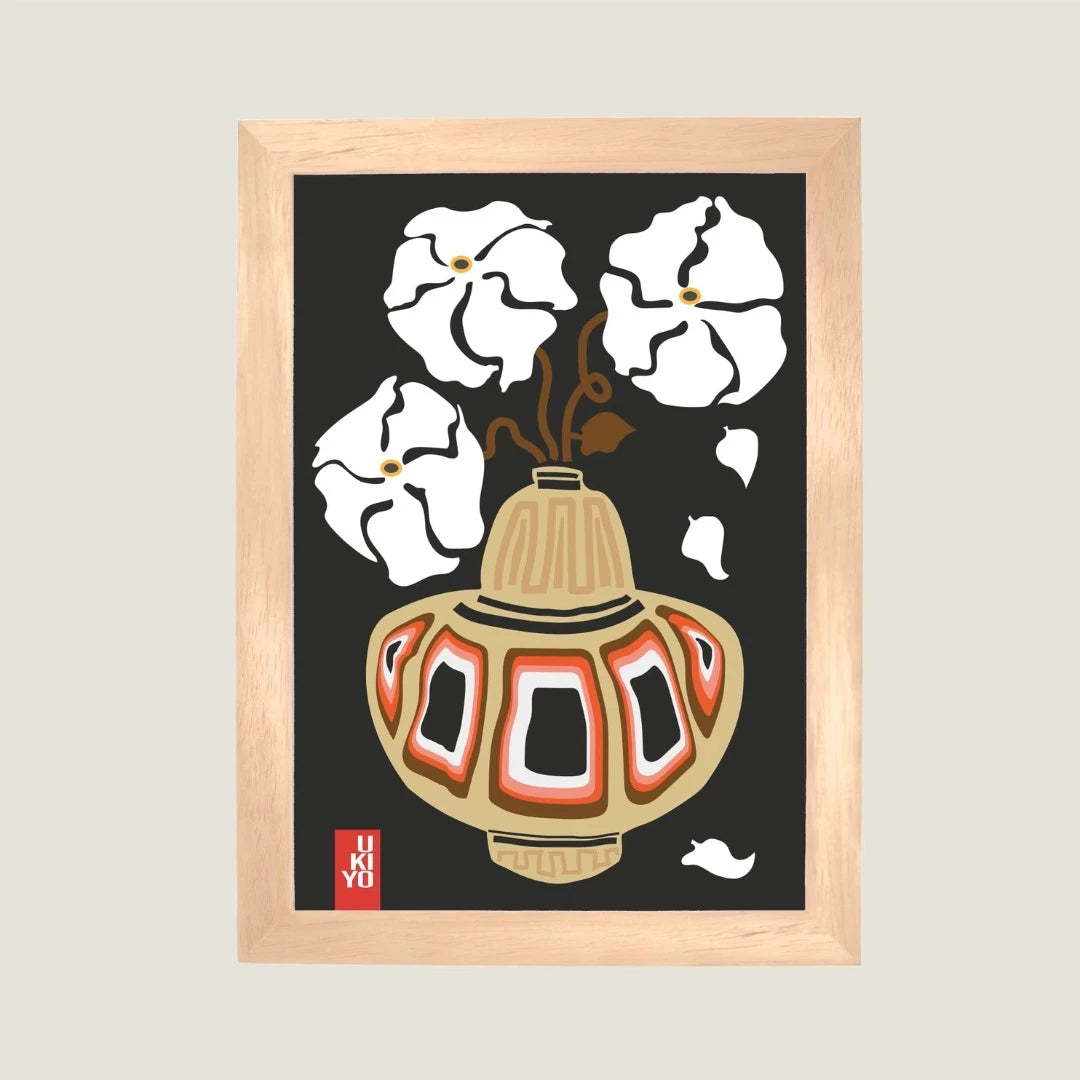 Flower Ukiyo Print - Grey White A2