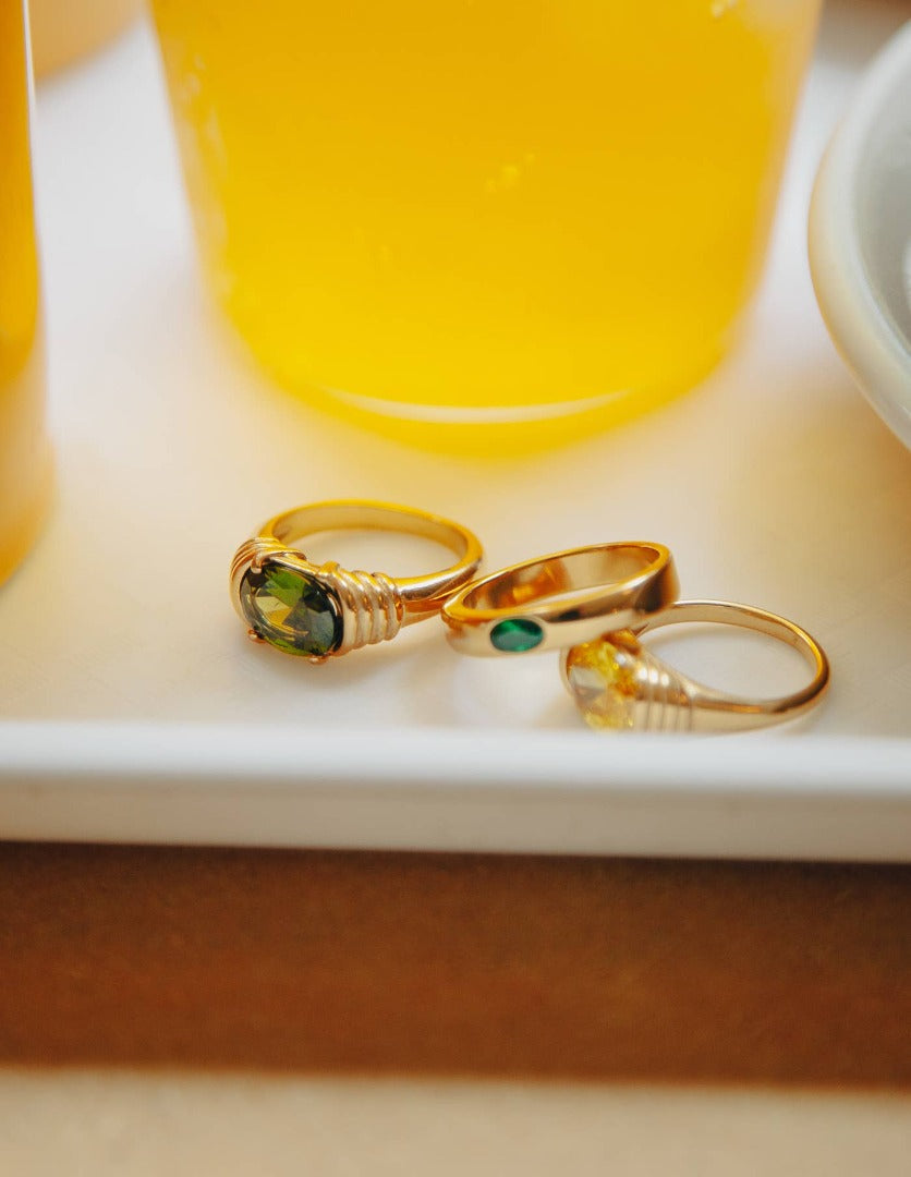 Green Gemstone Raised Half Bezel Ring, Waterproof