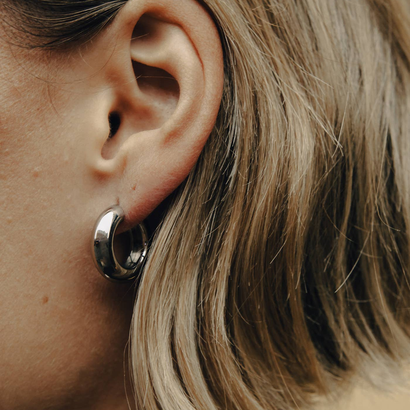 Silver Medium Leverback Bold Hoop Earrings, Waterproof