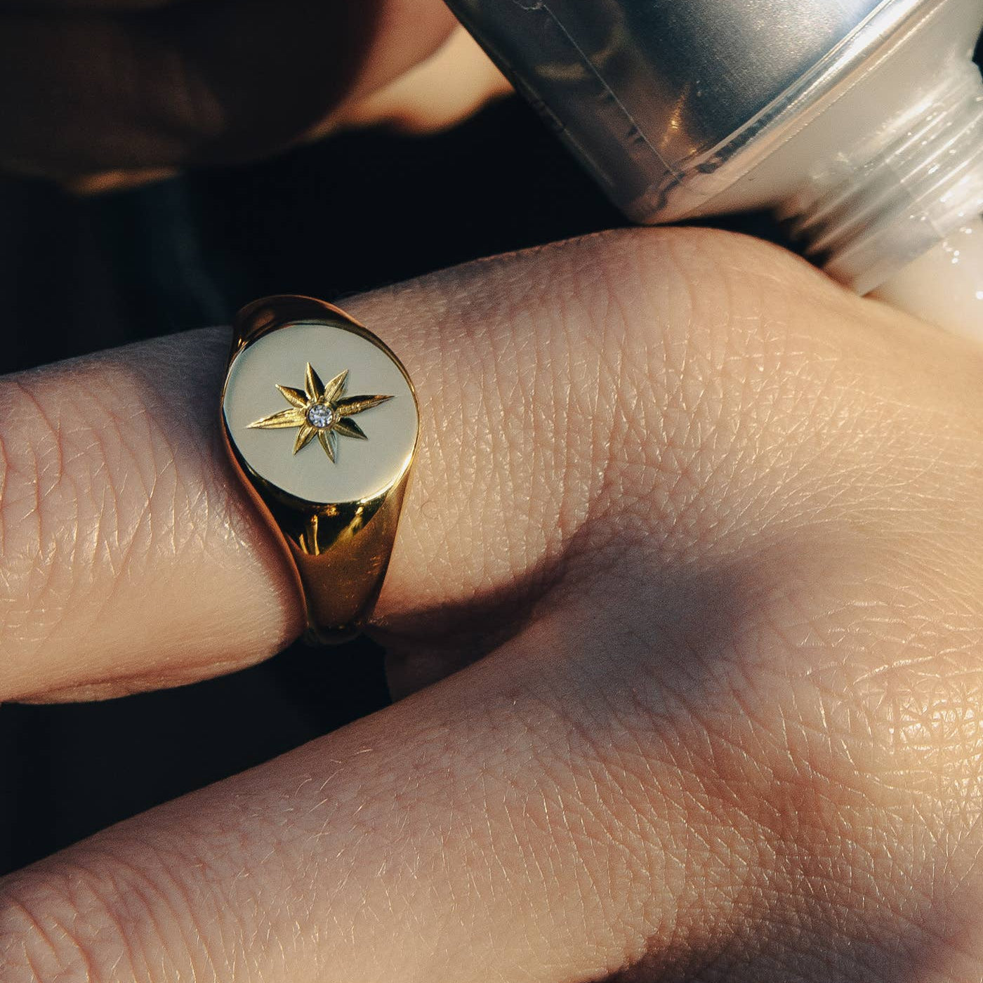 Gold Large Stone Embossed Signet Ring, Waterproof