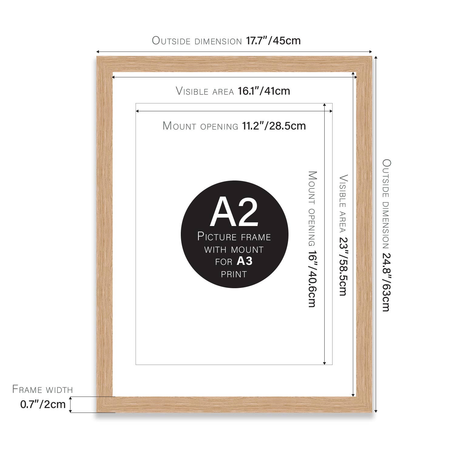 A2 Picture Frame With mount for A3 - Oak