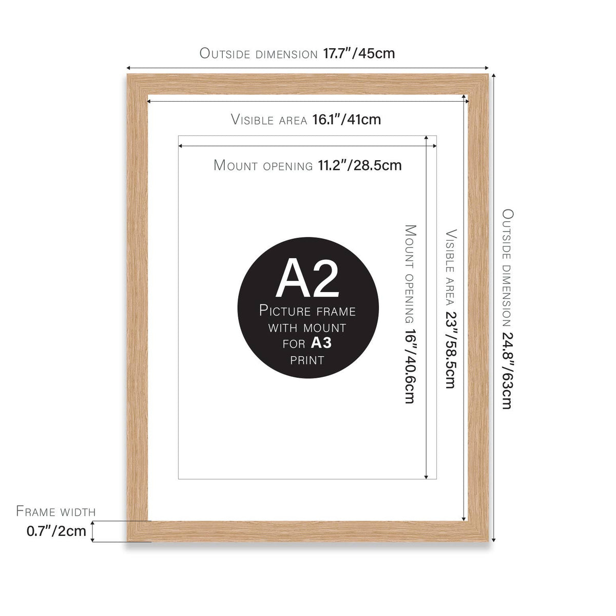 A2 Picture Frame With mount for A3 - Oak