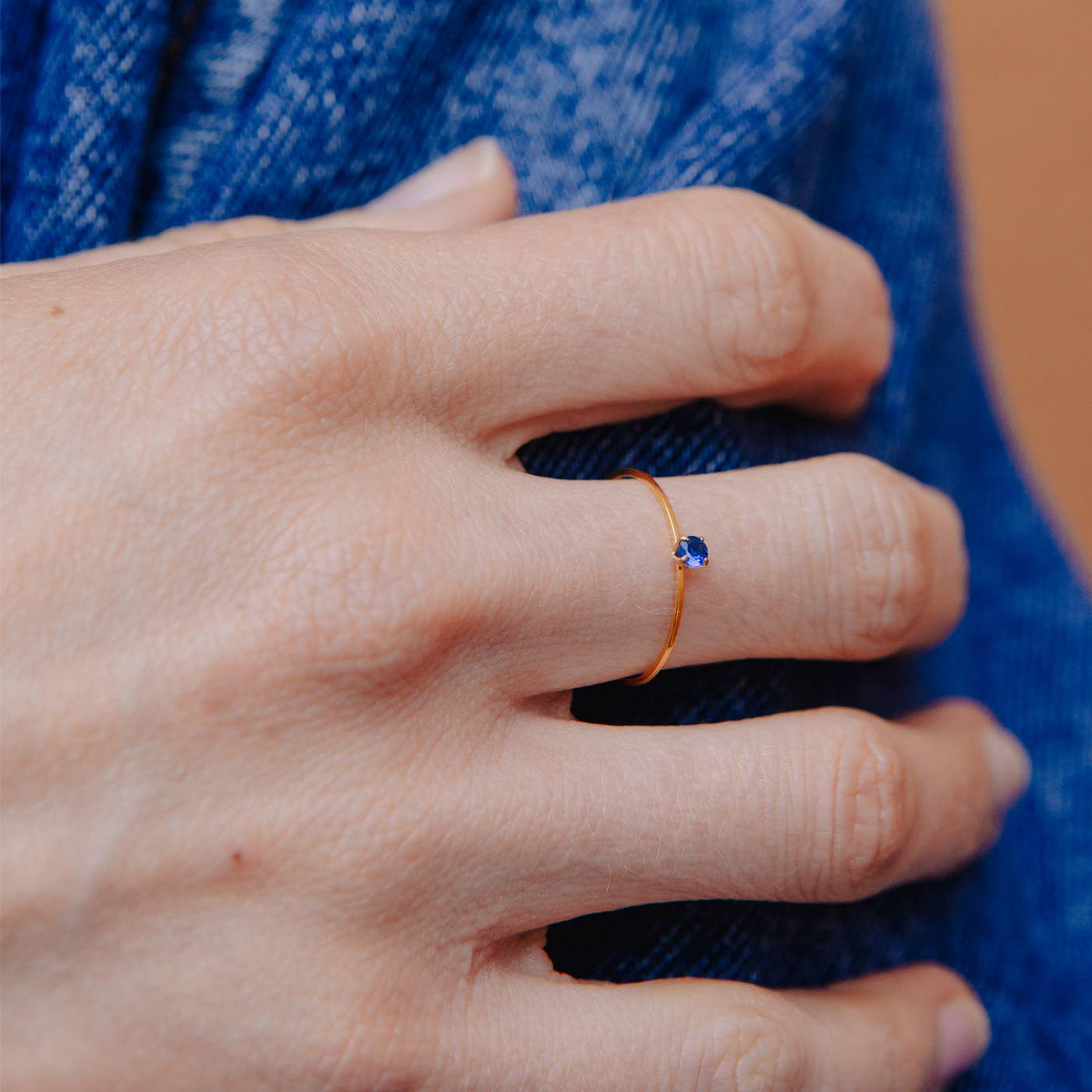 Gold Dainty Blue Gemstone Ring, Waterproof
