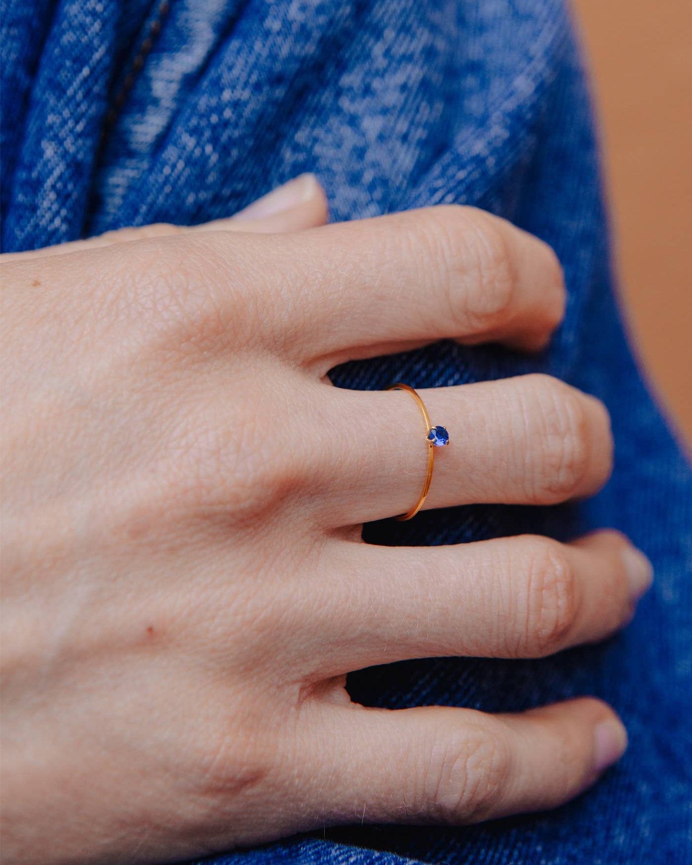 Gold Dainty Blue Gemstone Ring, Waterproof