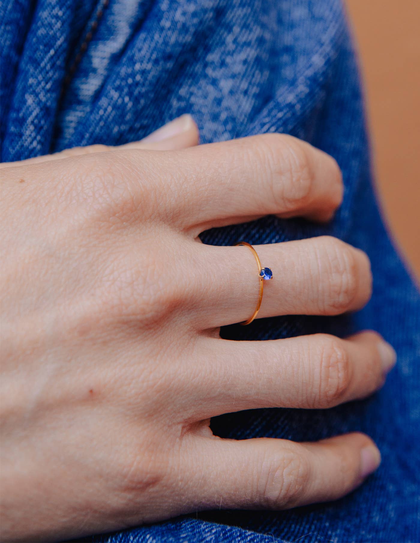 Gold Dainty Blue Gemstone Ring, Waterproof