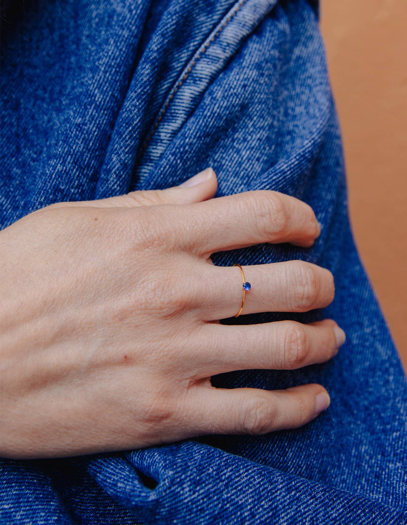 Gold Dainty Blue Gemstone Ring, Waterproof