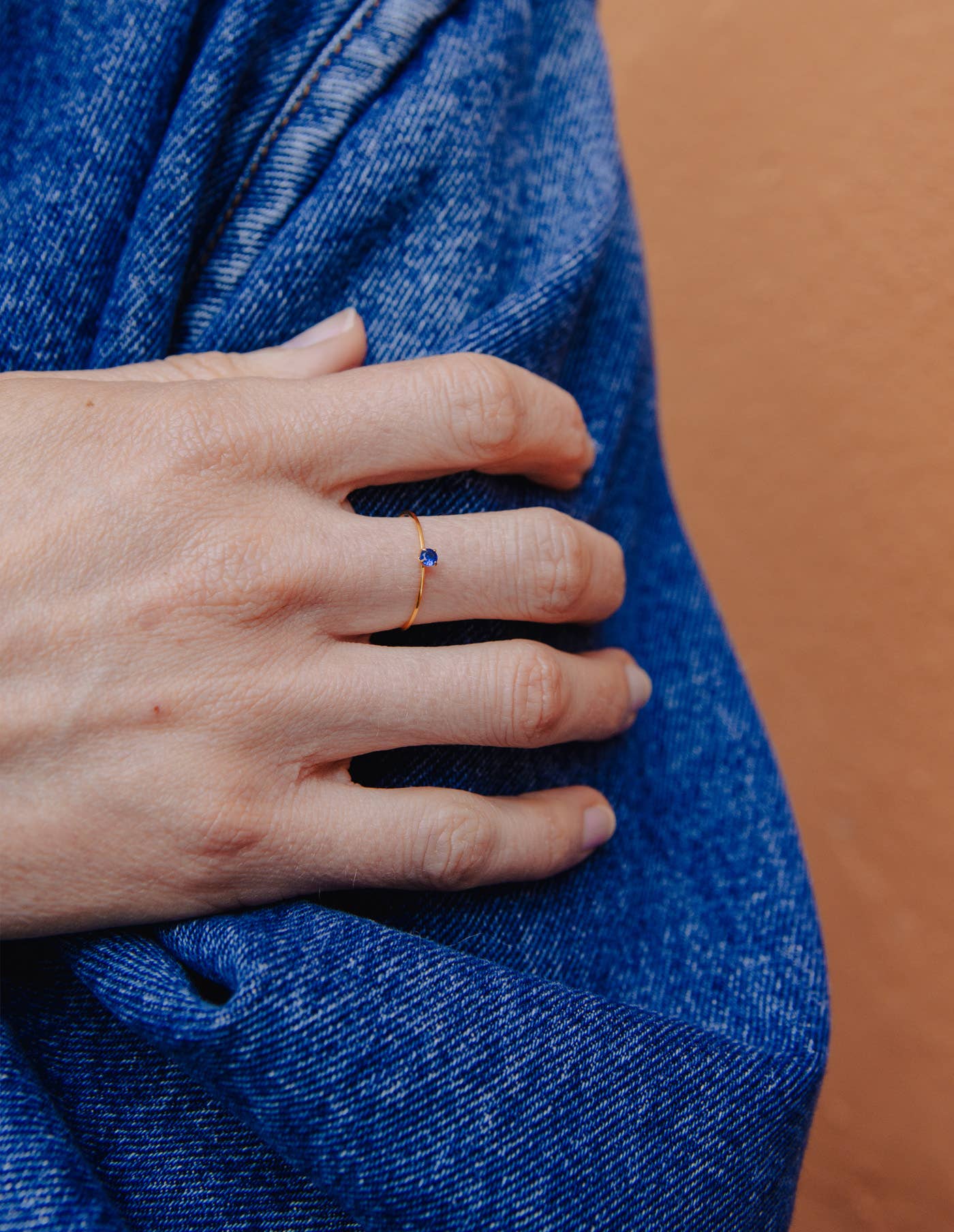 Gold Dainty Blue Gemstone Ring, Waterproof