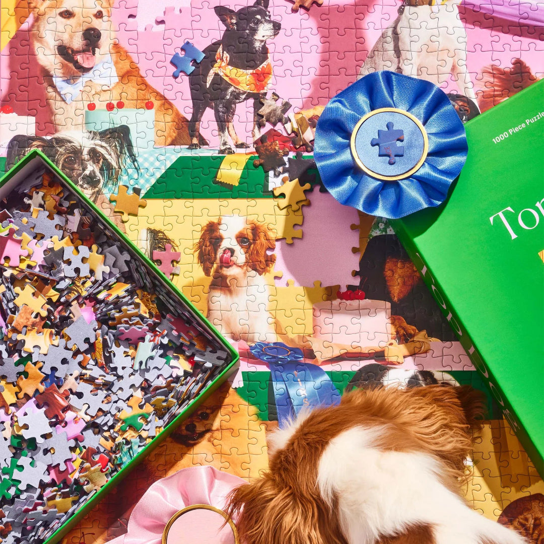 Jigsaw puzzle with dog-themed pieces and a completed section featuring a blue ribbon, surrounded by puzzle pieces and box.
