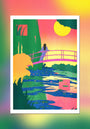 Colorful illustration of a bridge over water with a person walking on it, set against a gradient background.