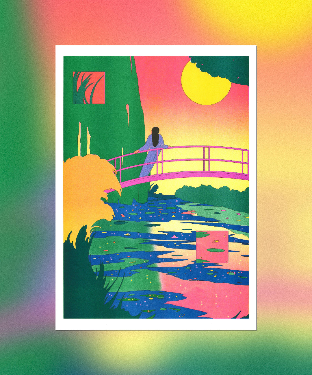 Colorful illustration of a bridge over water with a person walking on it, set against a gradient background.