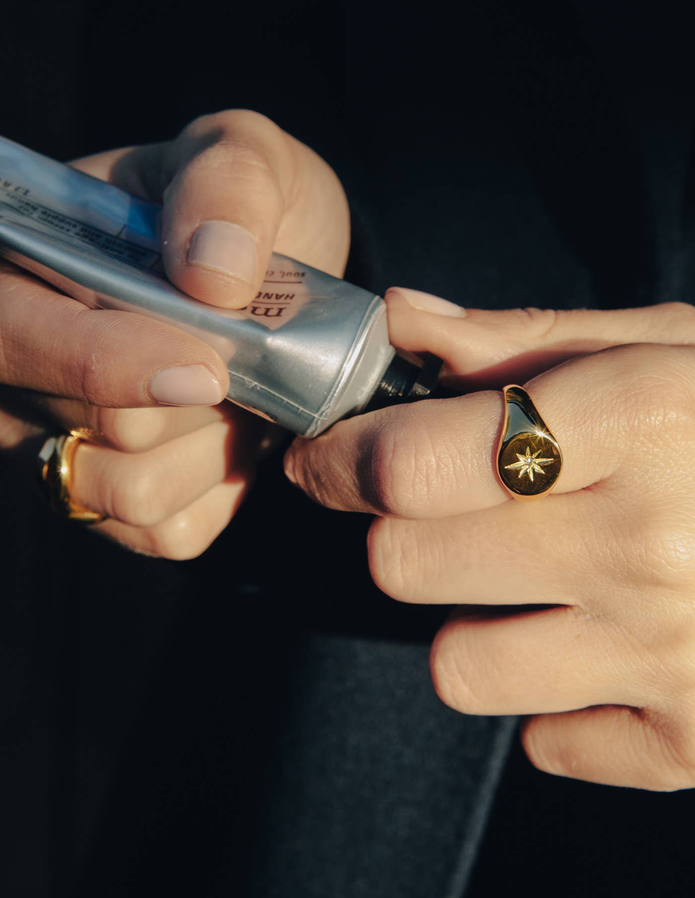 Gold Large Stone Embossed Signet Ring, Waterproof