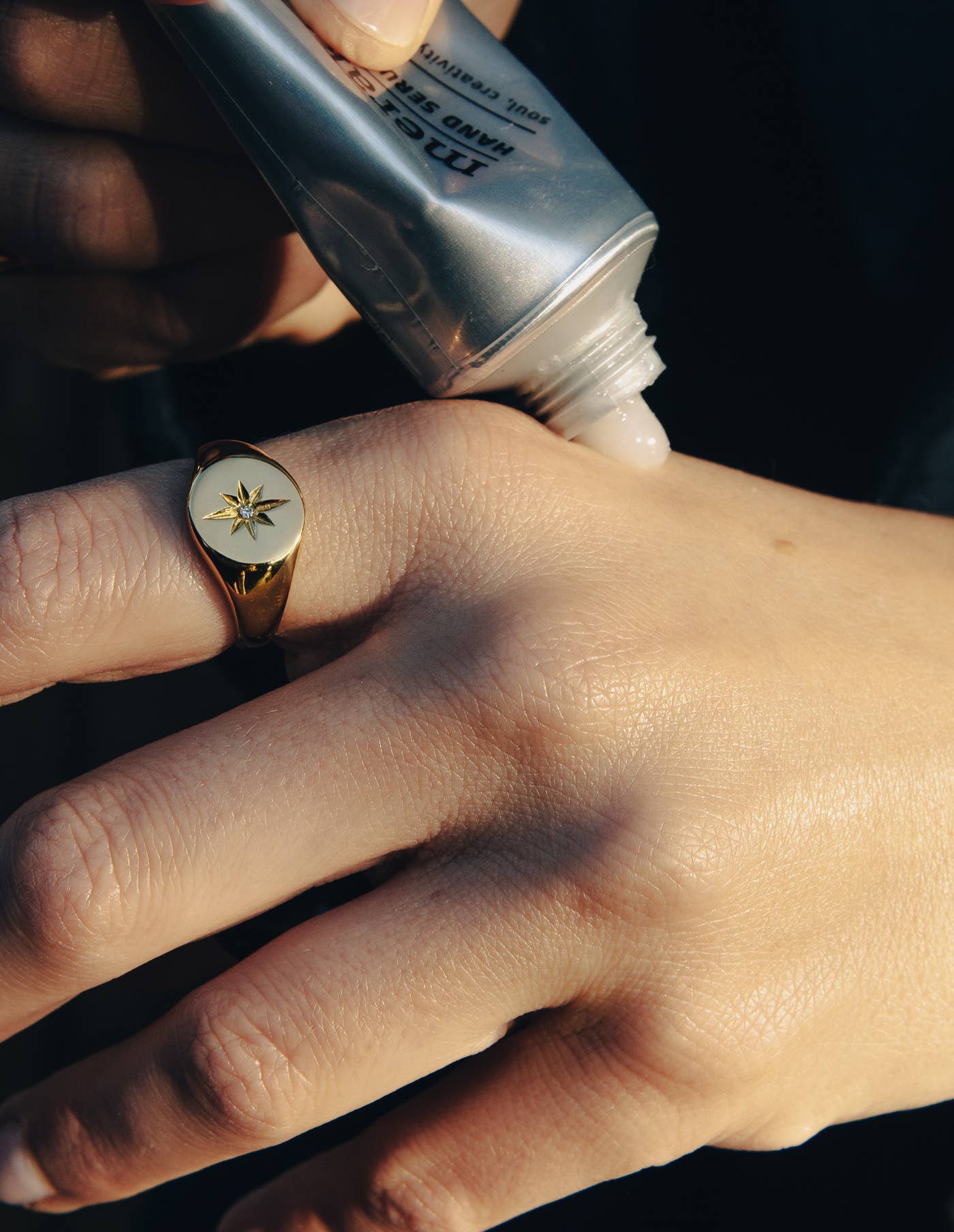 Gold Large Stone Embossed Signet Ring, Waterproof