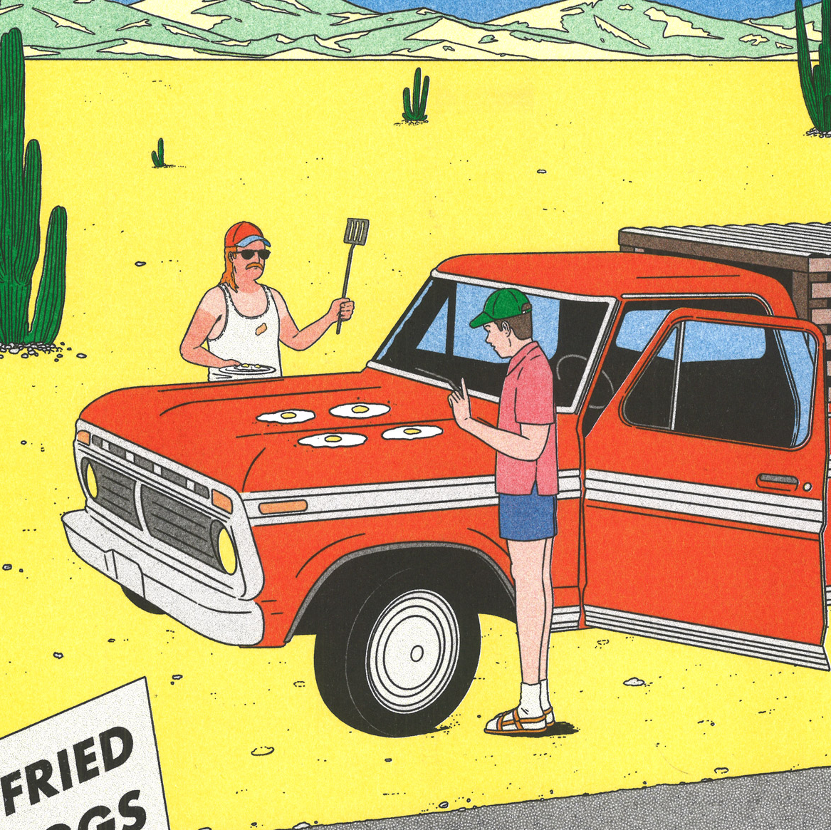close-up of illustration of characters frying eggs on the bonnet of a red truck in a desert