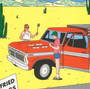 close-up of illustration of characters frying eggs on the bonnet of a red truck in a desert