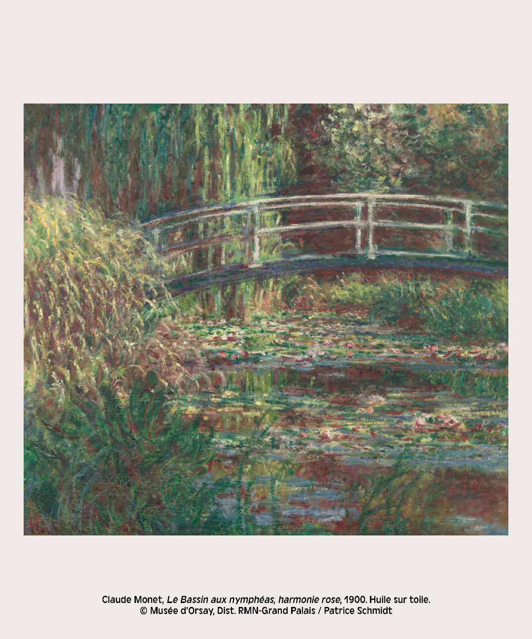 Painting of a bridge over water lilies by Claude Monet