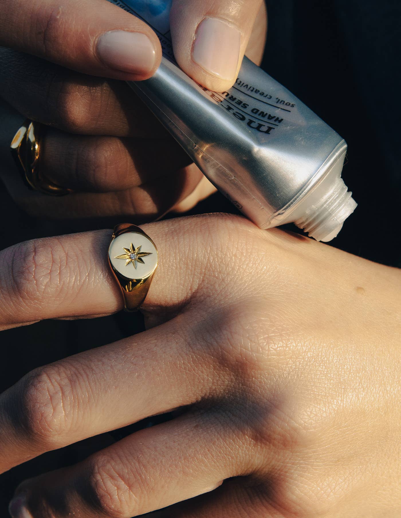 Gold Large Stone Embossed Signet Ring, Waterproof