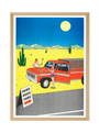 Illustration of characters frying eggs on the bonnet of a red truck in a desert with a 'FRIED EGGS HERE' sign