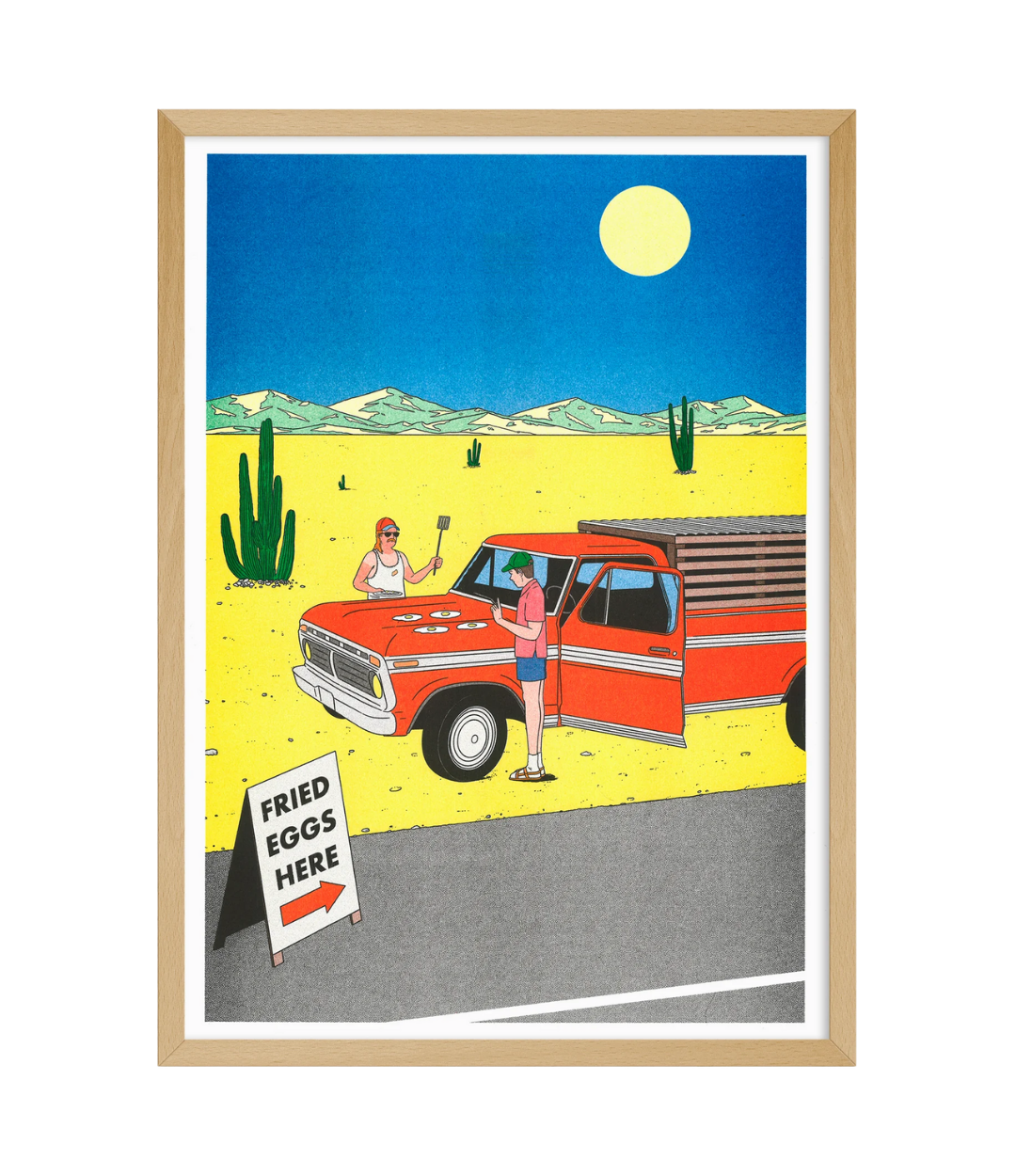Illustration of characters frying eggs on the bonnet of a red truck in a desert with a 'FRIED EGGS HERE' sign