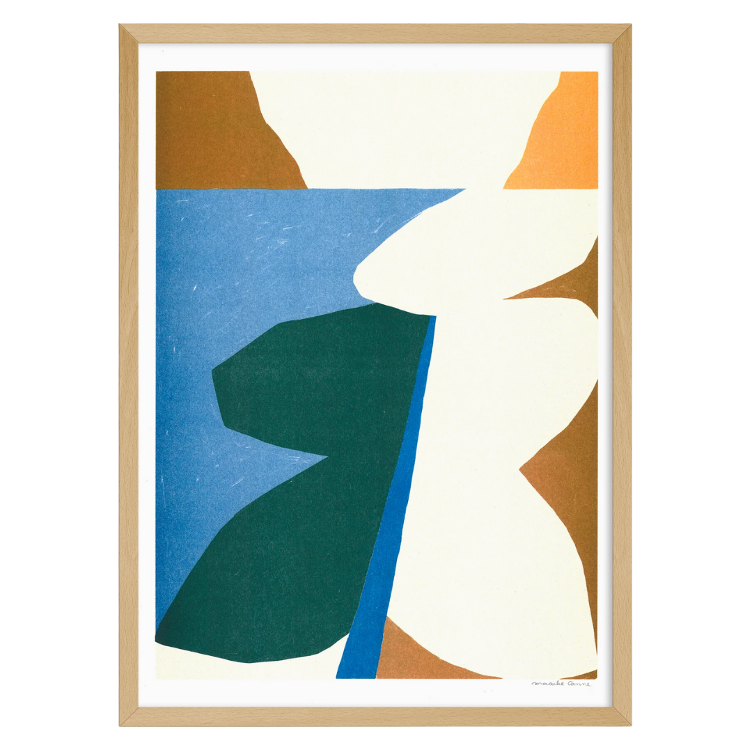 Abstract art print with geometric shapes in brown, blue, green, and white on a white background.