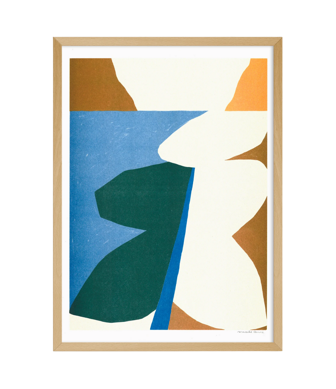 Abstract art print with geometric shapes in brown, blue, green, and white on a white background.