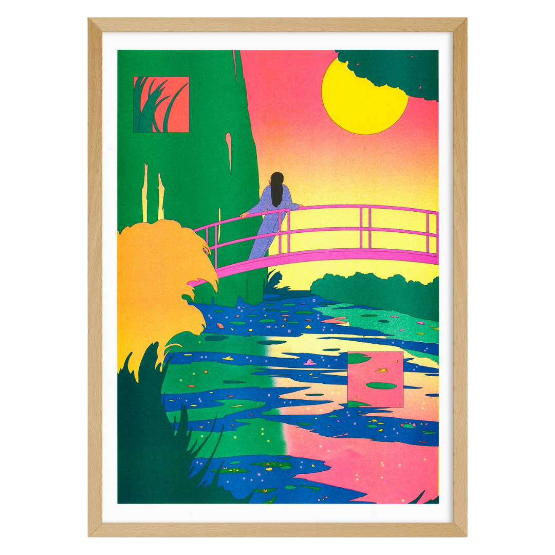 Framed artwork of a colorful landscape with a bridge and silhouette of a person.