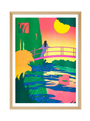 Framed artwork of a colorful landscape with a bridge and silhouette of a person.