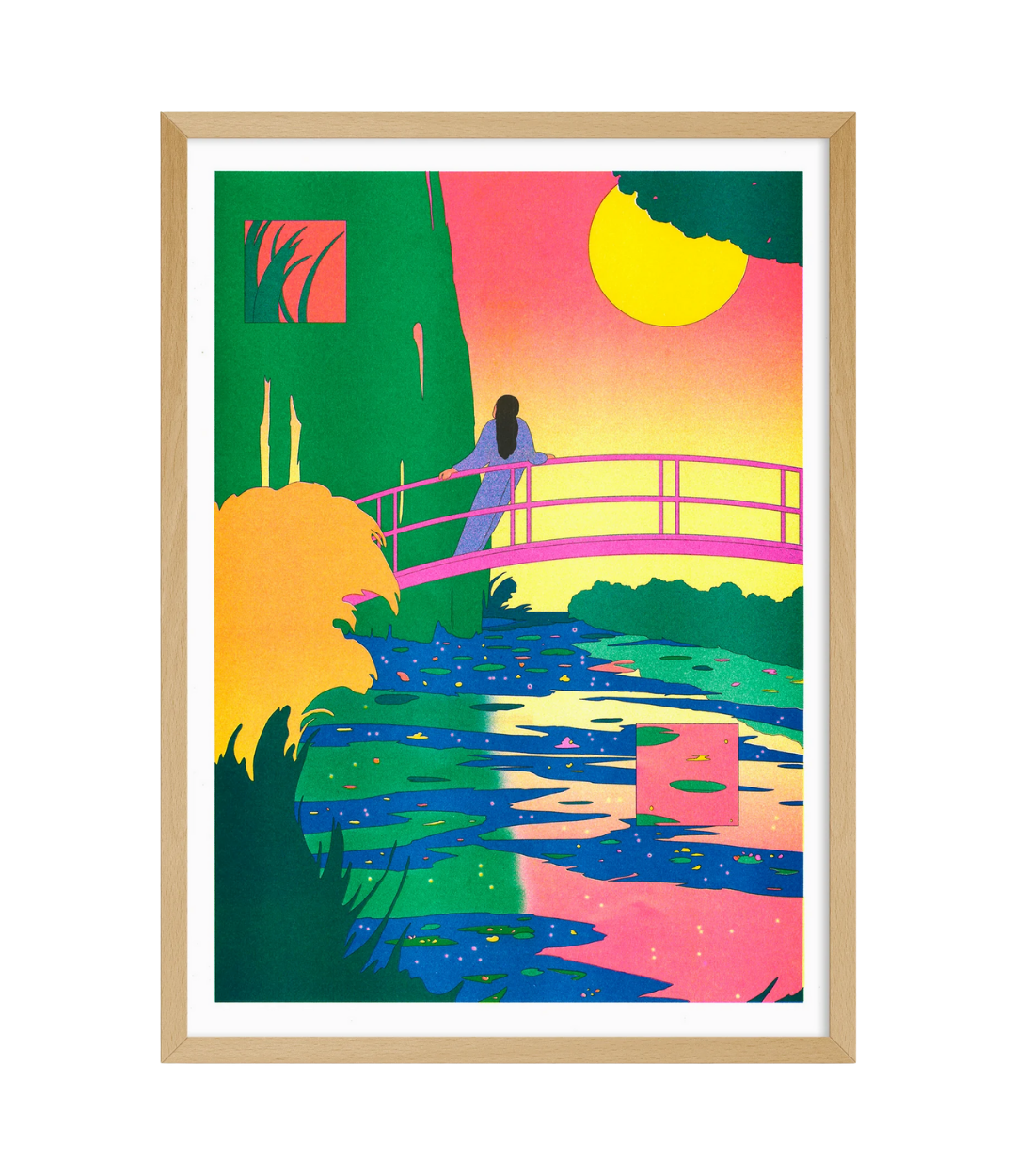 Framed artwork of a colorful landscape with a bridge and silhouette of a person.