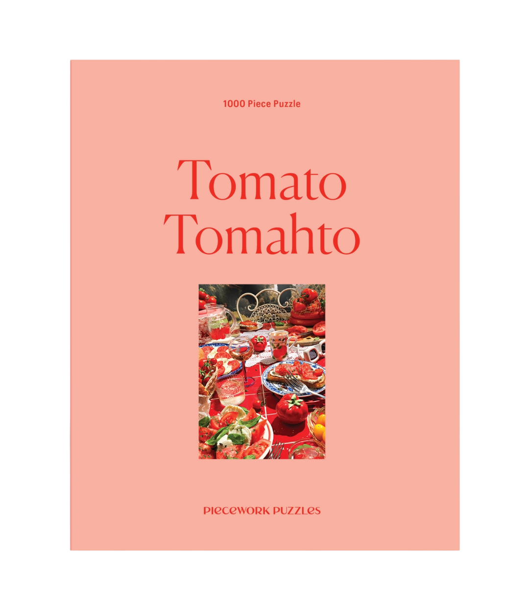 Puzzle box with 'Tomato Tomahto' text and images of tomatoes on a pink background
