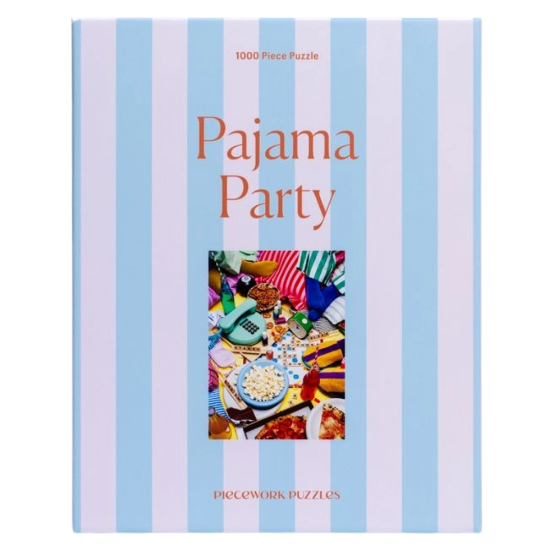 Pajama Party puzzle box with striped design and vibrant picture depicting a sleepover scene