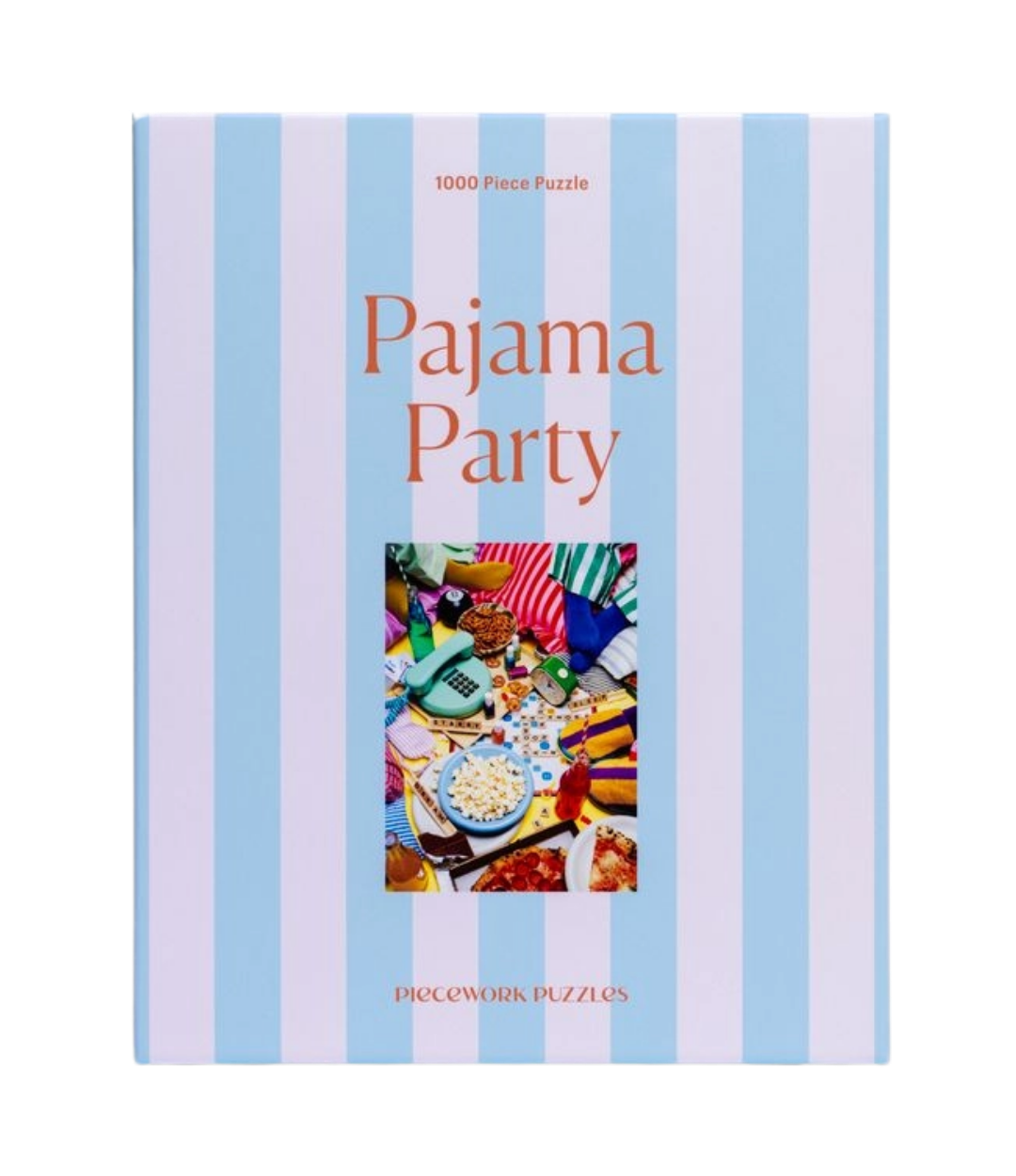 Pajama Party puzzle box with striped design and vibrant picture depicting a sleepover scene