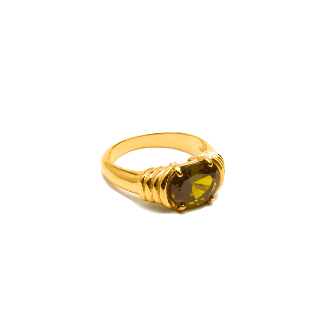 Green Gemstone Raised Half Bezel Ring, Waterproof