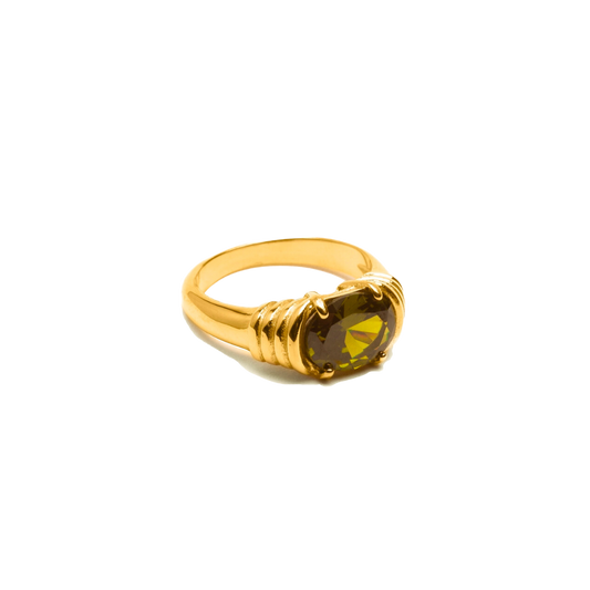 Green Gemstone Raised Half Bezel Ring, Waterproof