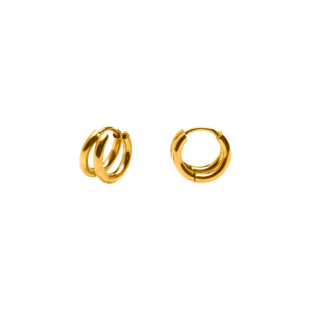 Gold Double Layer Huggie Hoop Earrings, Waterproof