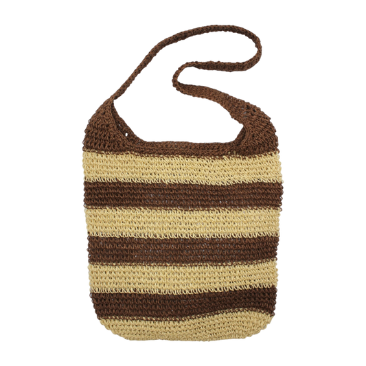 Brown Stripe Raffia Crochet Tote Cross-Body Bag