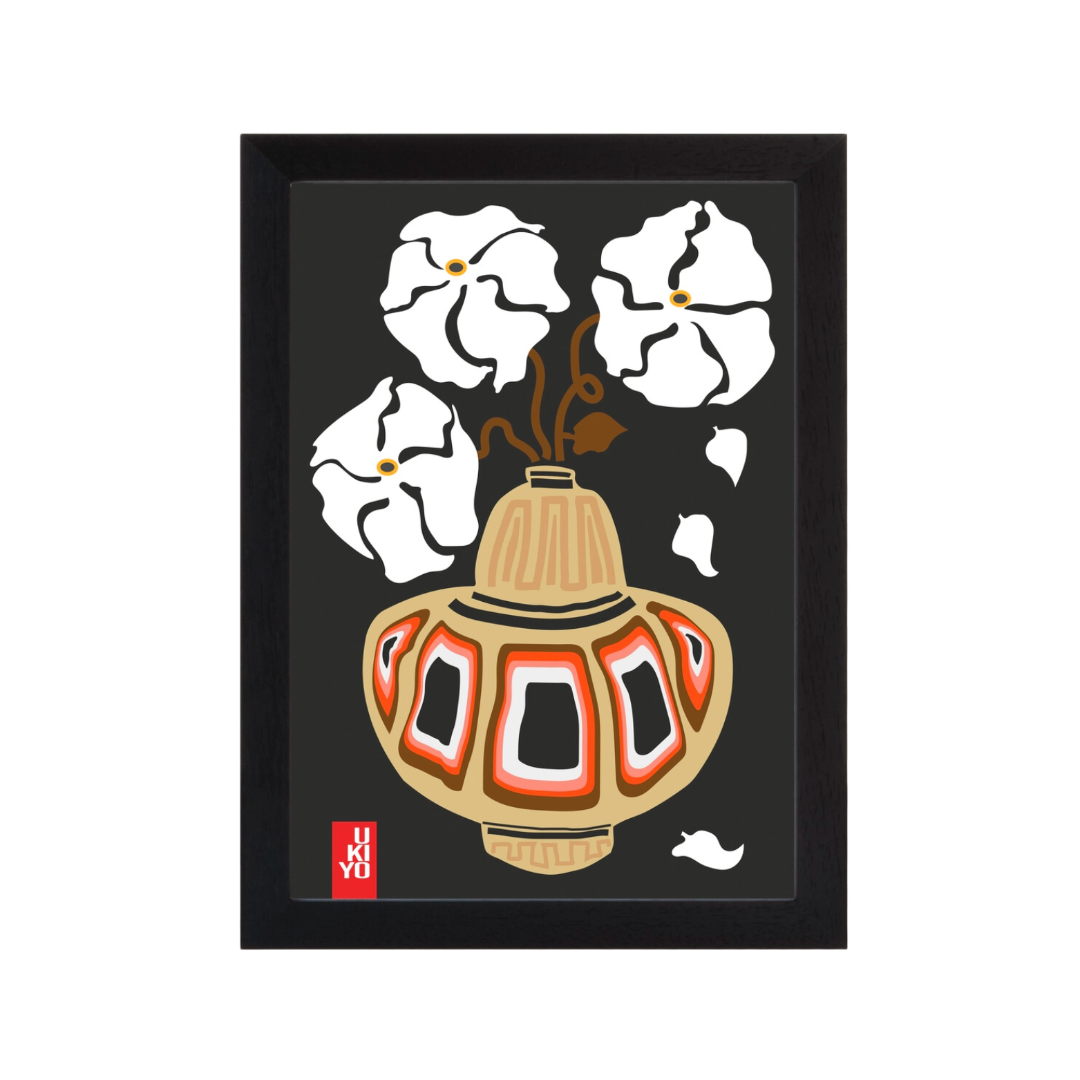 Flower Ukiyo Print - Grey White A2